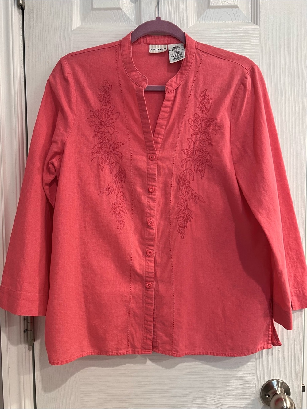 Linen Cotton Coral Pink Embroidered Button-Front Mandarin Collar 3/4 Sleeve Top